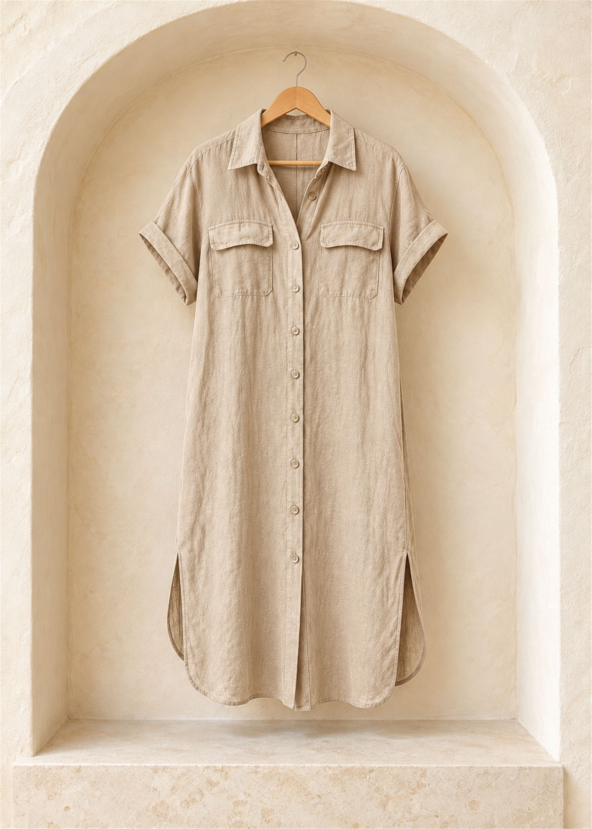 Arezzo Linen Pocket Shirt Dress in beige, short sleeves, chest flap pockets and button front