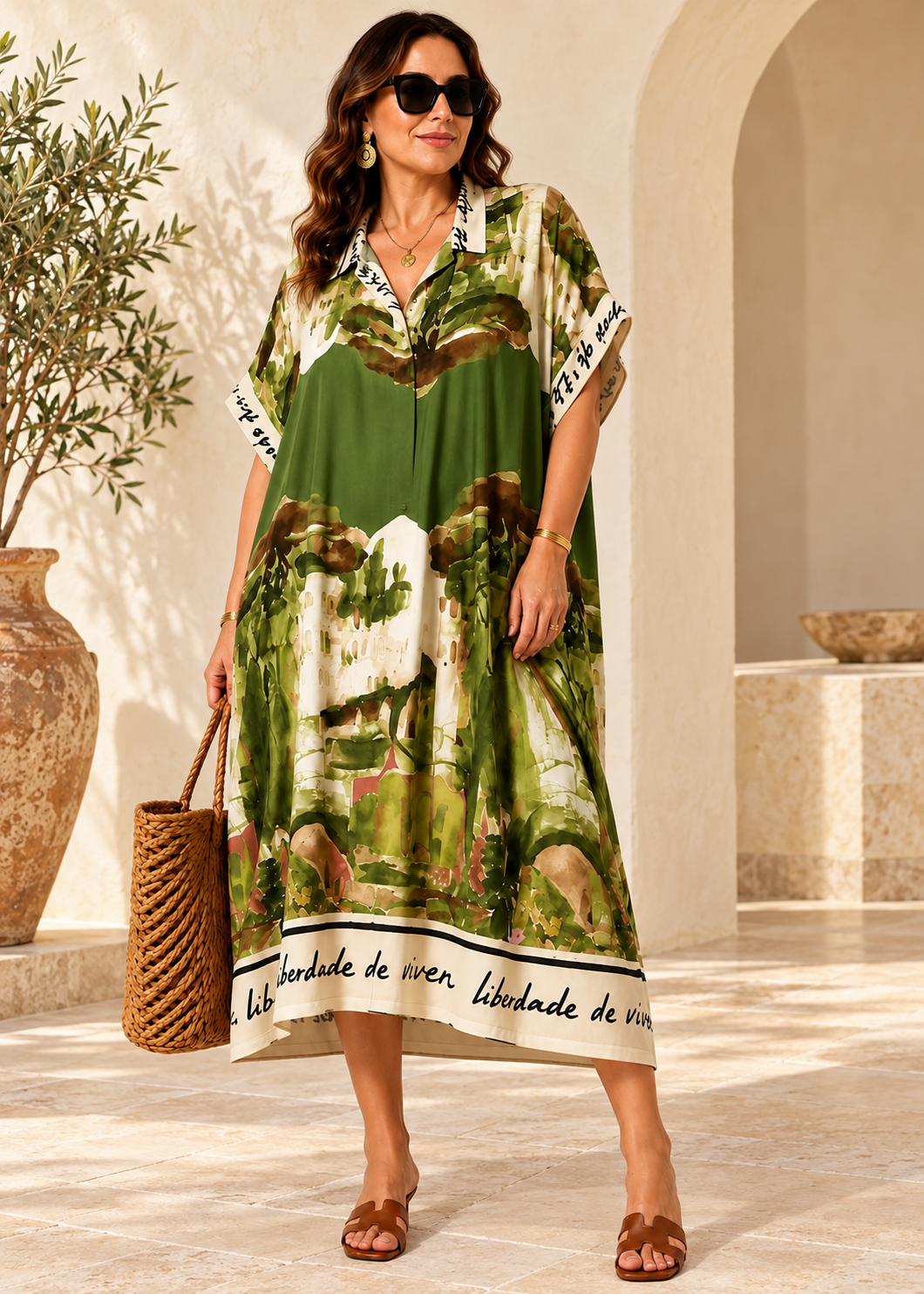 Artique watercolor landscape shirt dress in green, relaxed viscose silhouette with cream borders on a model