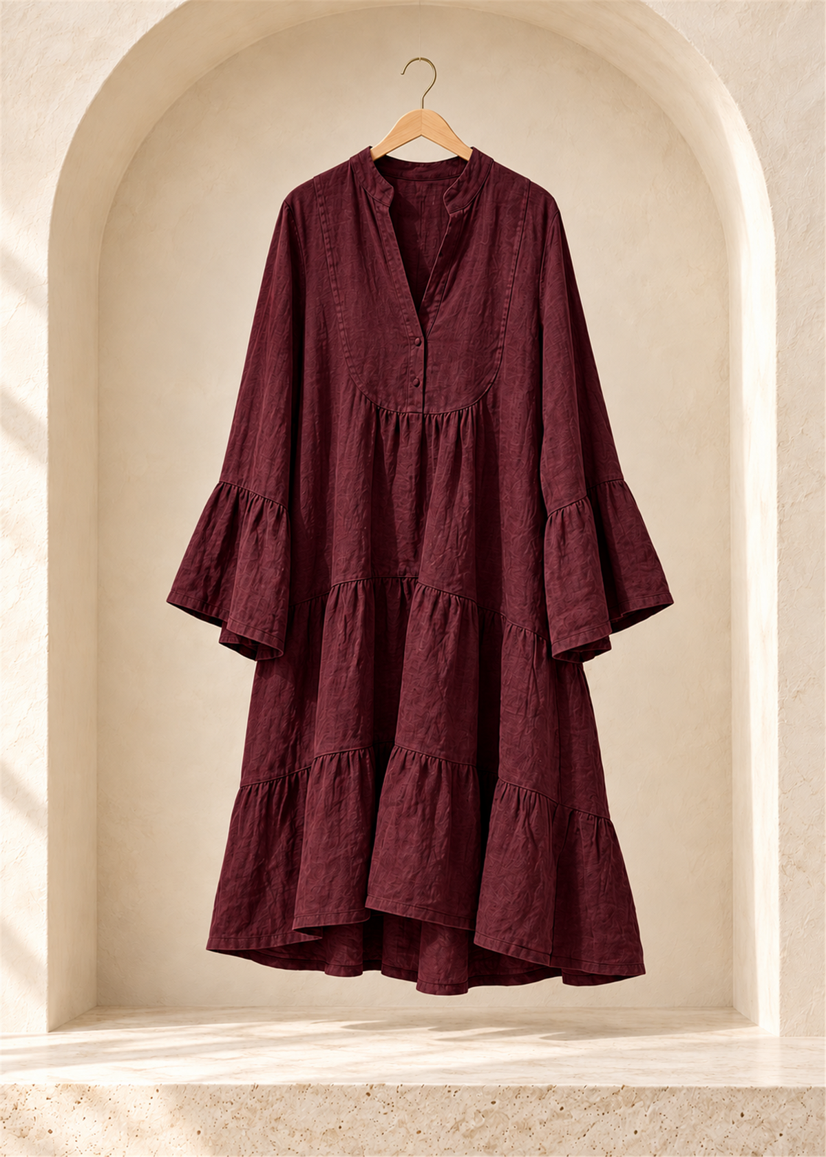Siena Tiered Linen Dress in wine, flared ruffle cuffs and gathered tiered skirt