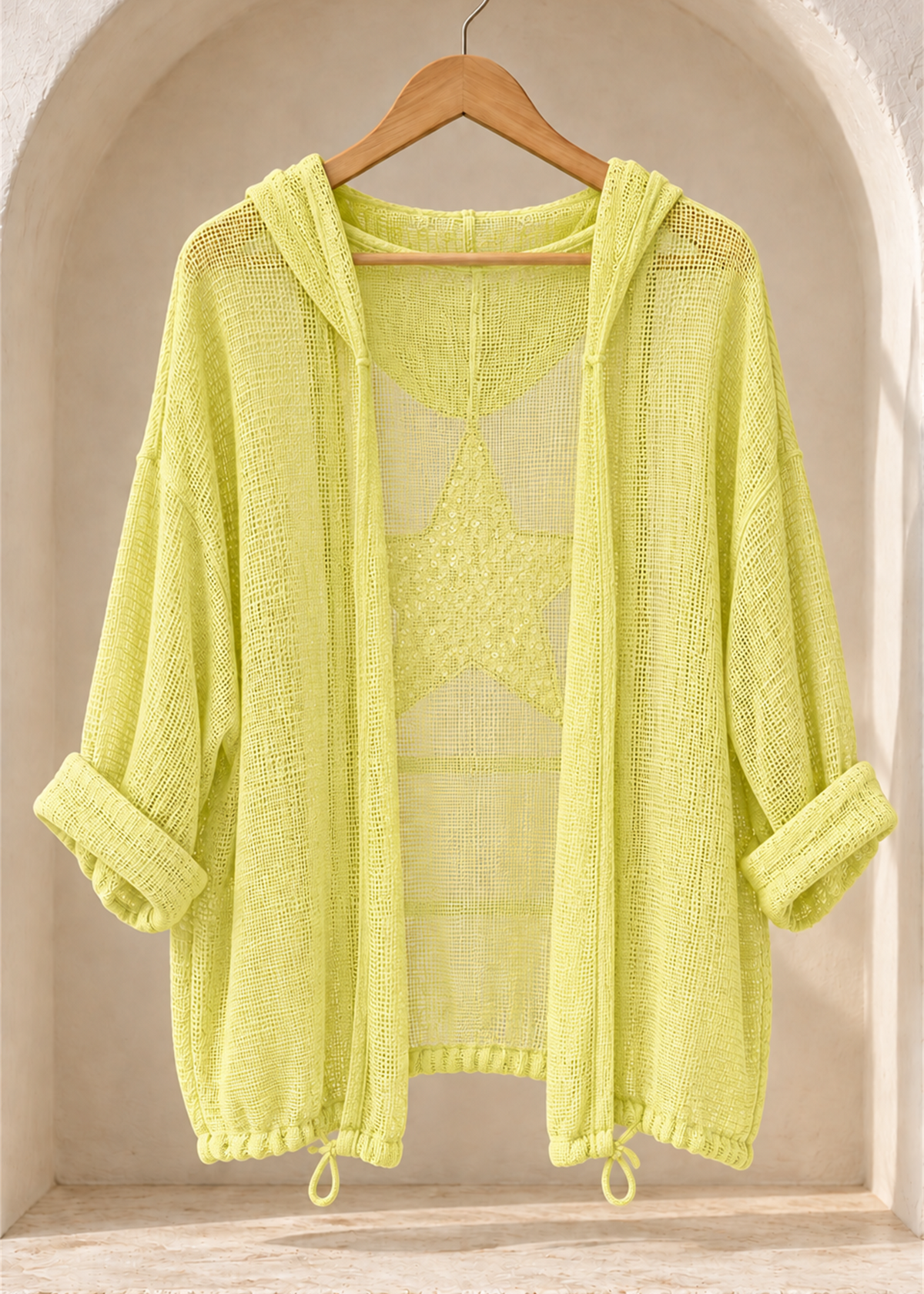 Stella Star Cotton Mesh Hooded Cardigan, pale lime front view