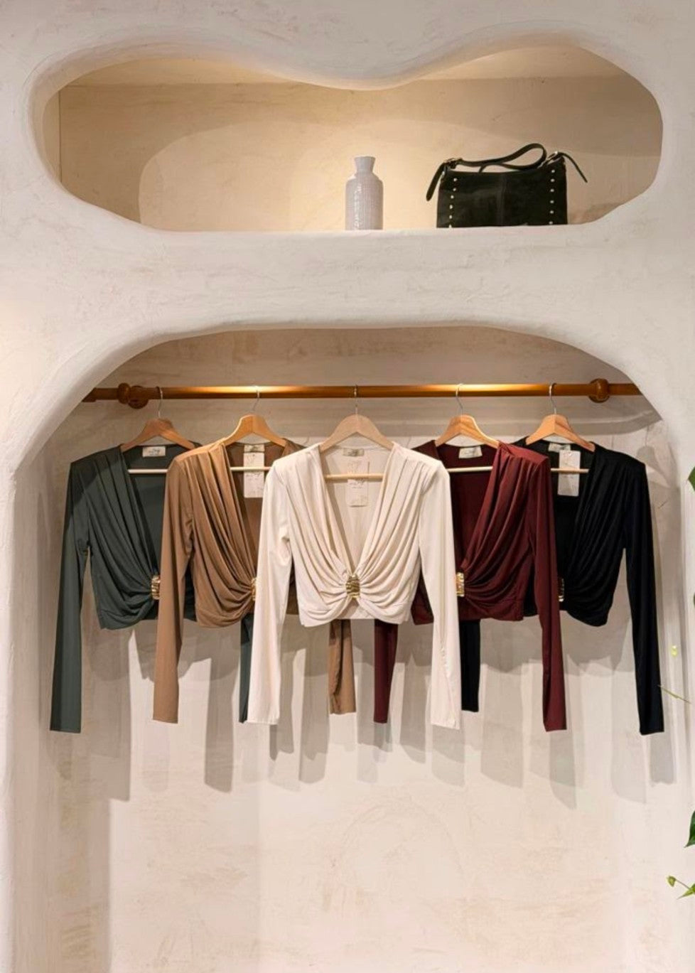 Milano draped long sleeve tops in five colors