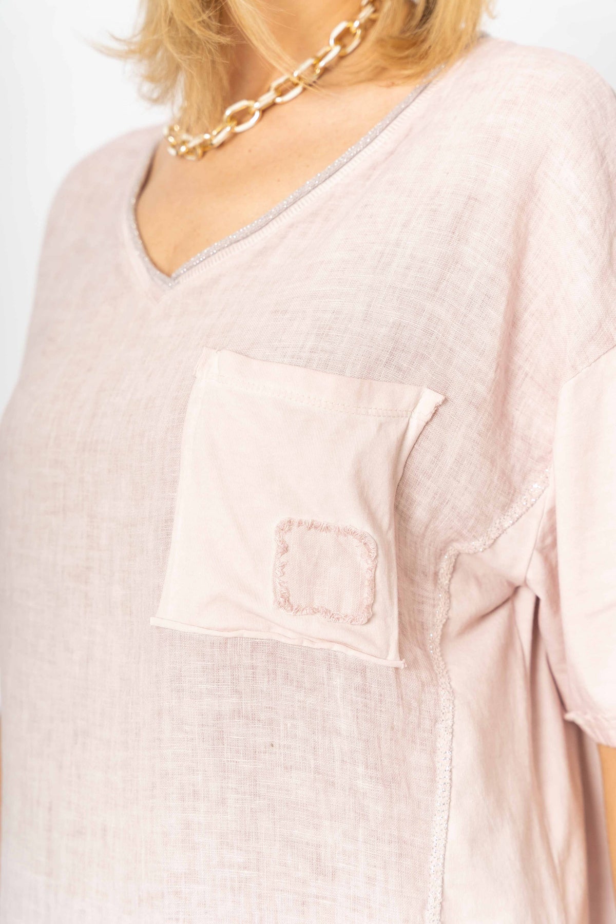 Italian Silver Trim Linen V-Neck Top