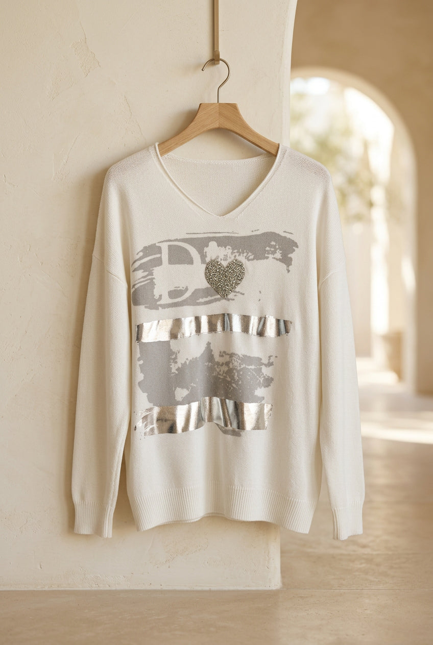 Italian Heart Detail V-Neck Sweater