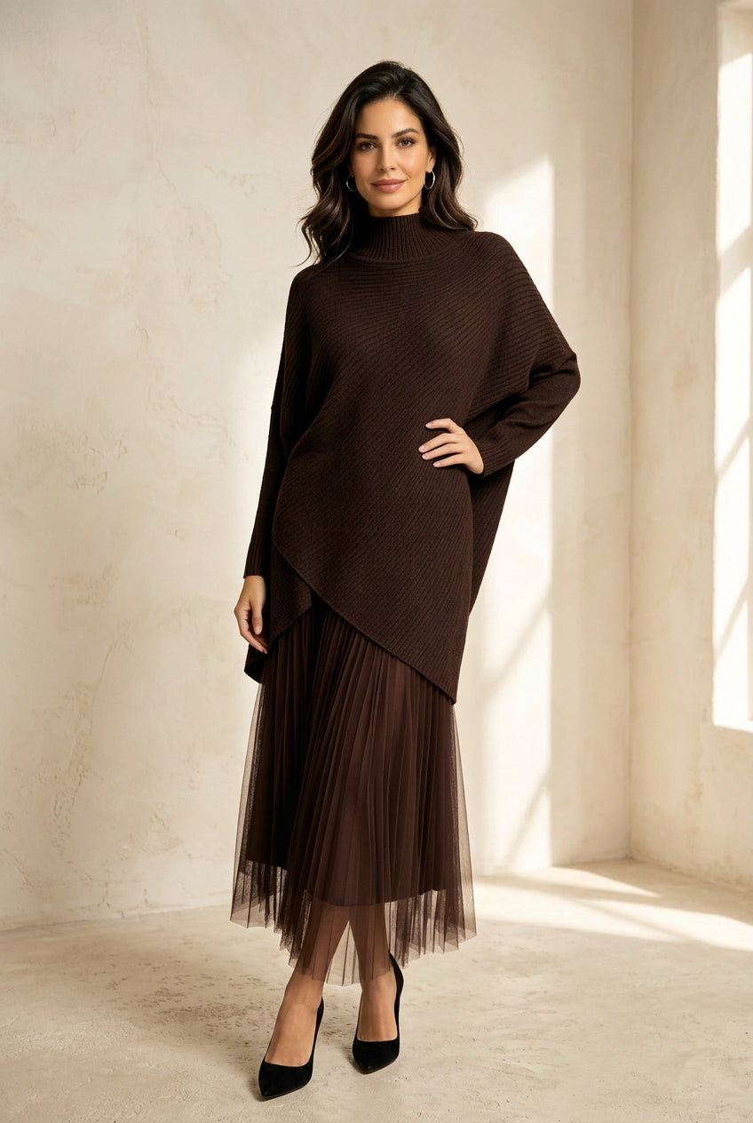 Golden Shimmer Knit & Mesh Dress Set