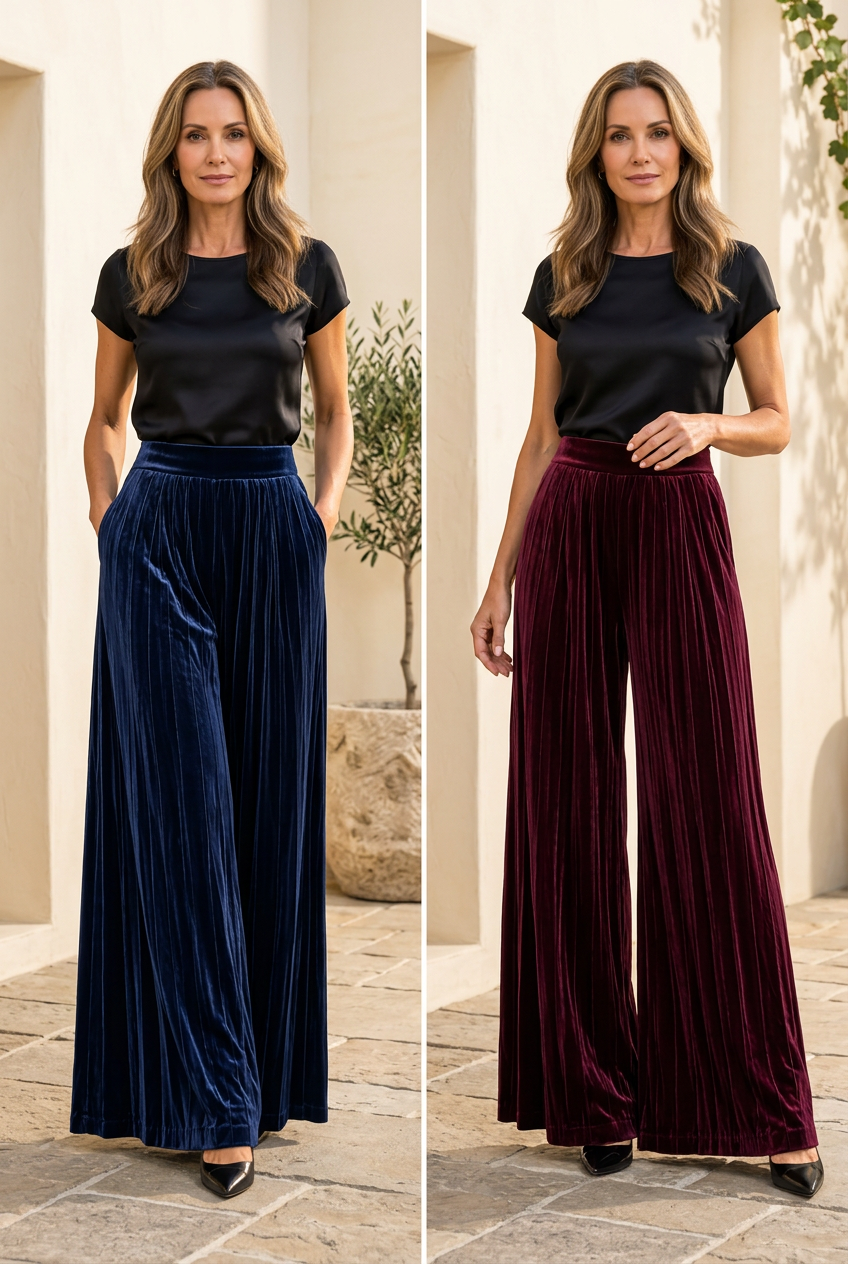 Milano Pleated Velvet Wide-Leg Pants
