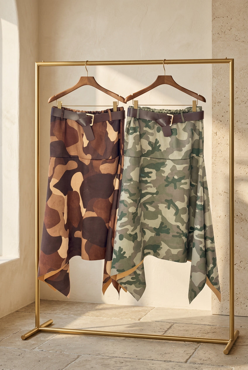 Asymmetric Camouflage Suede-Effect Maxi Skirt