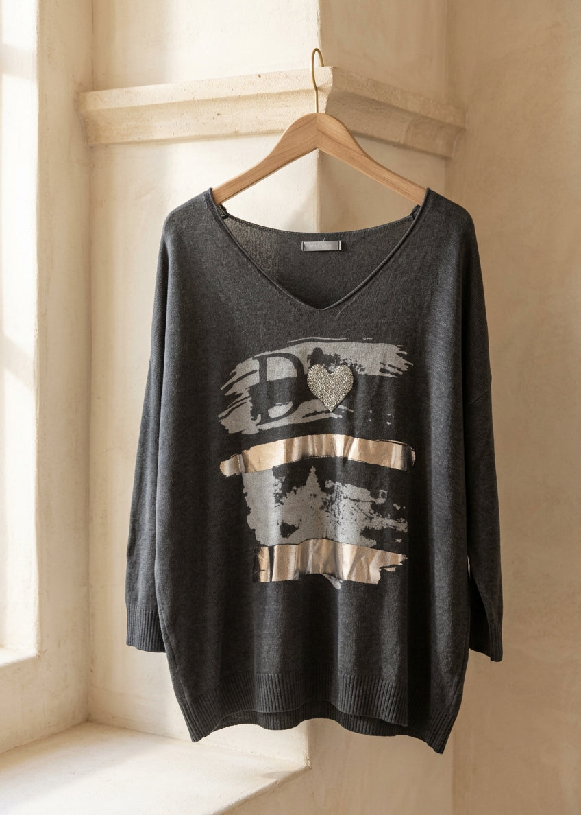 Italian Heart Detail V-Neck Sweater