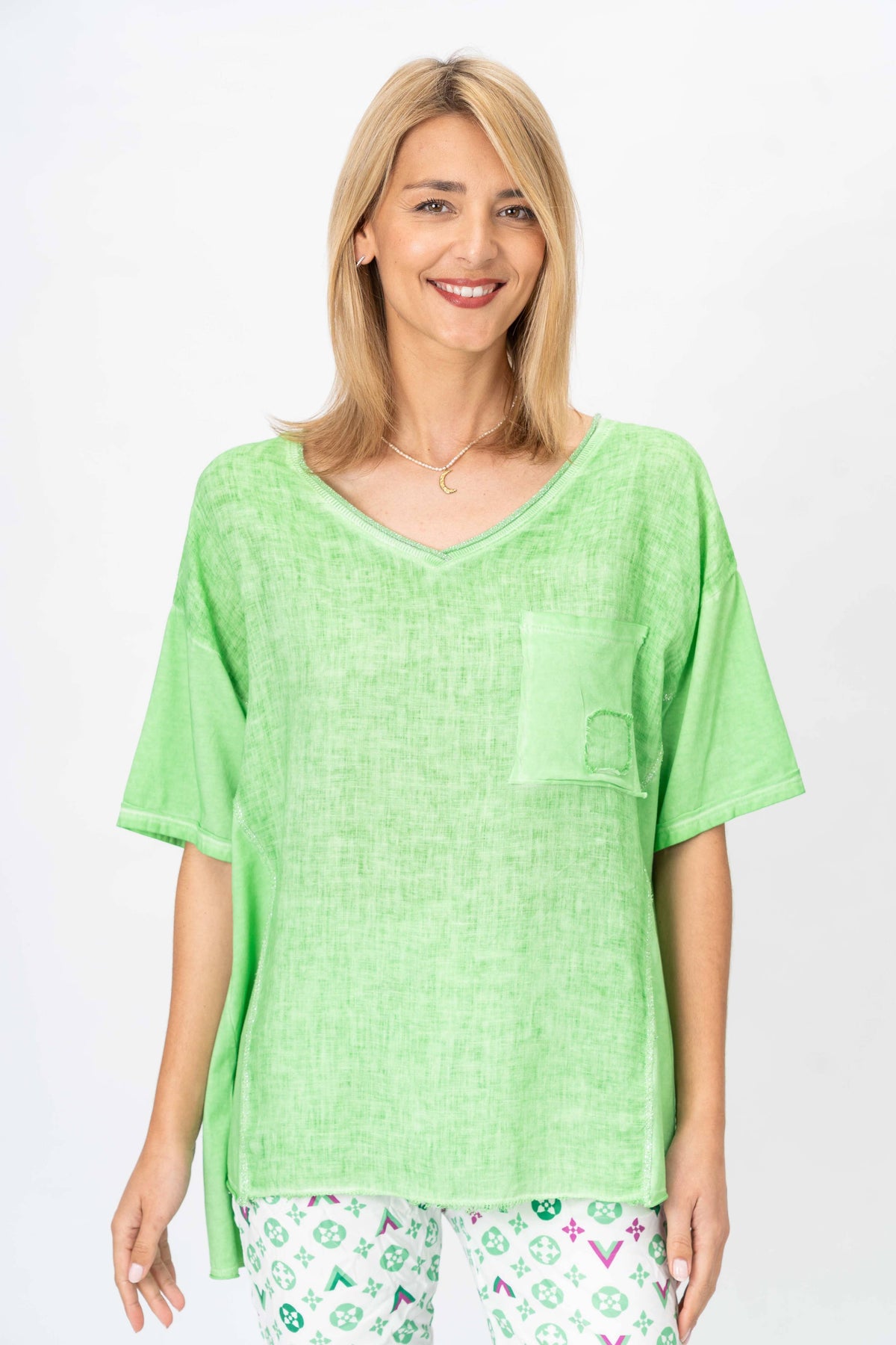 Italian Silver Trim Linen V-Neck Top