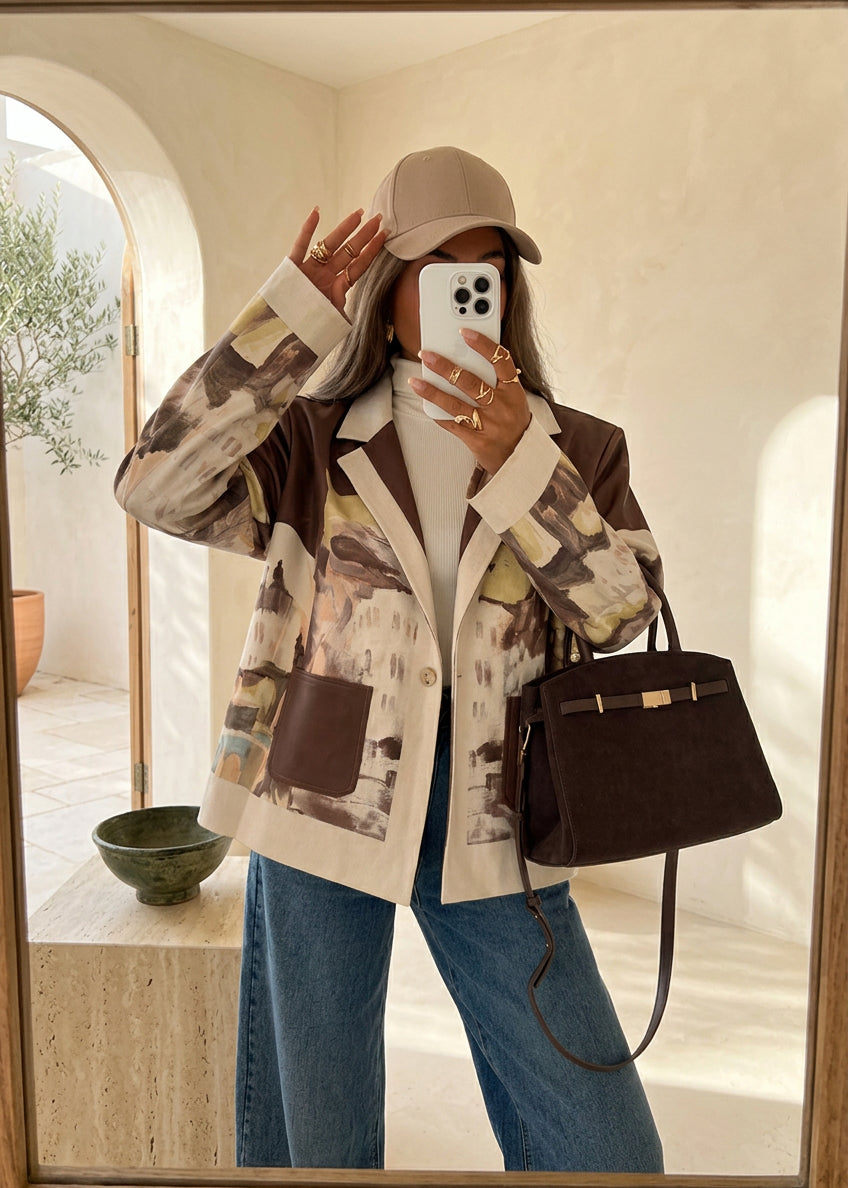 Italy Landscape Print Faux Suede Blazer