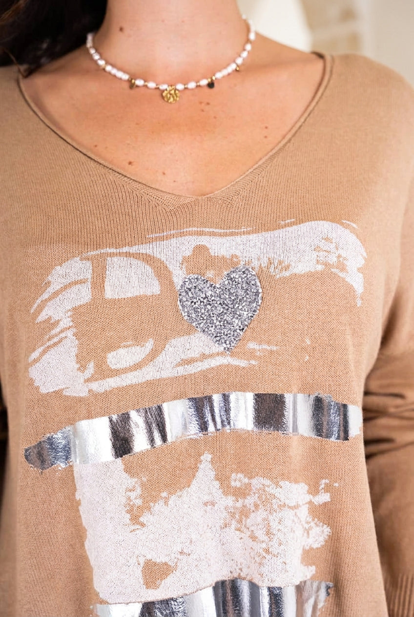 Italian Heart Detail V-Neck Sweater