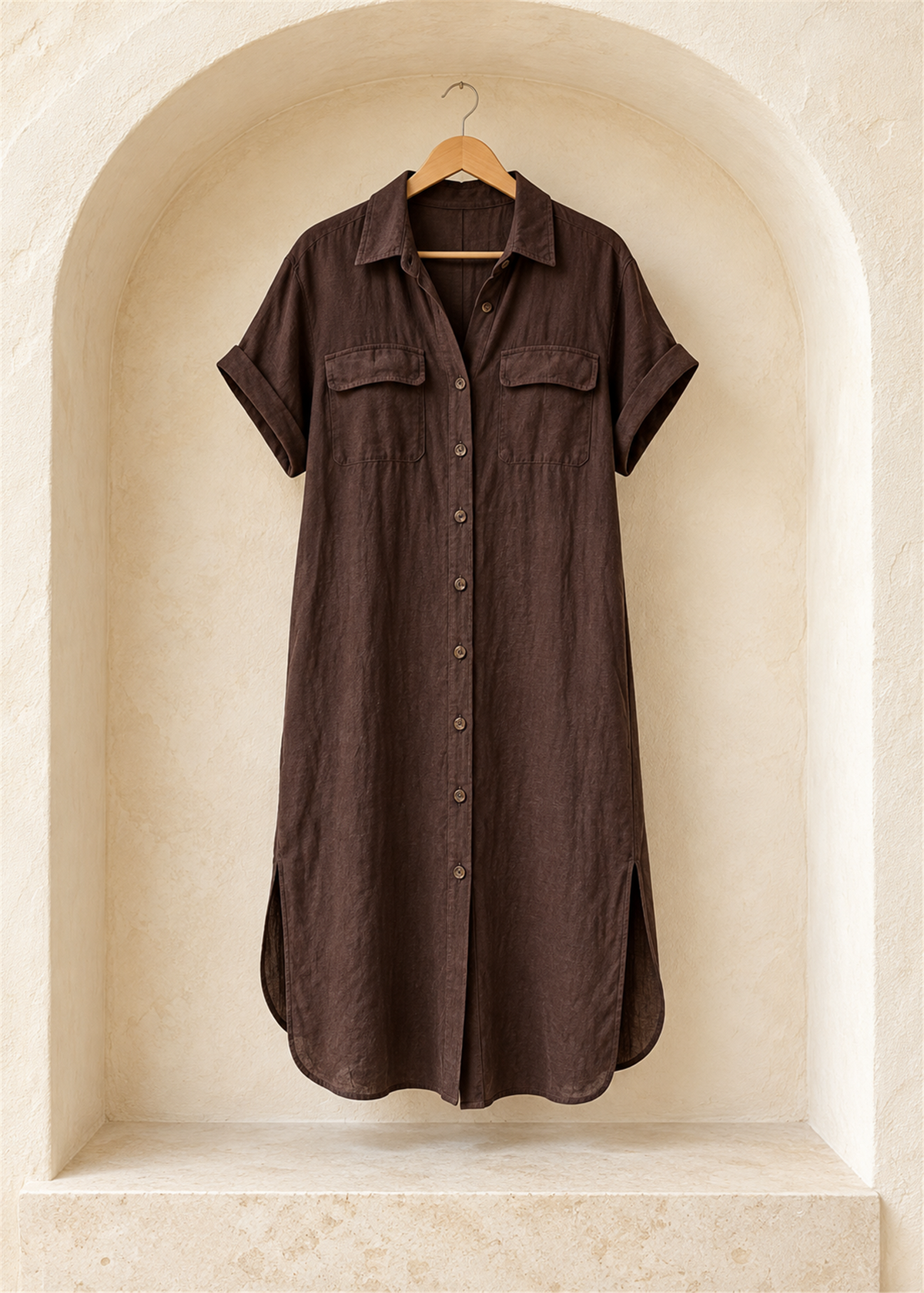 Arezzo Linen Pocket Shirt Dress in brown, short sleeves, chest flap pockets and button front