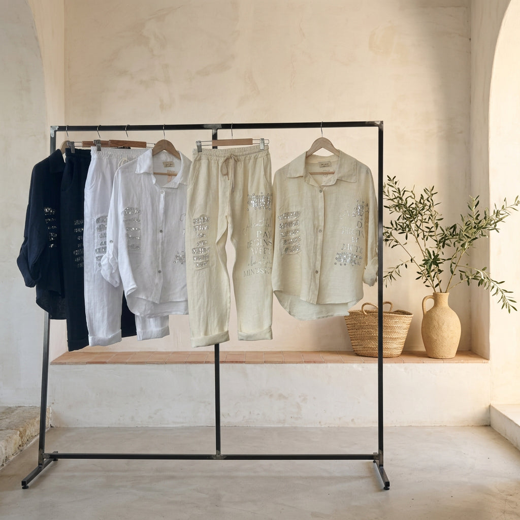 Aria Linen Set — coordinating sets displayed on a clothing rail