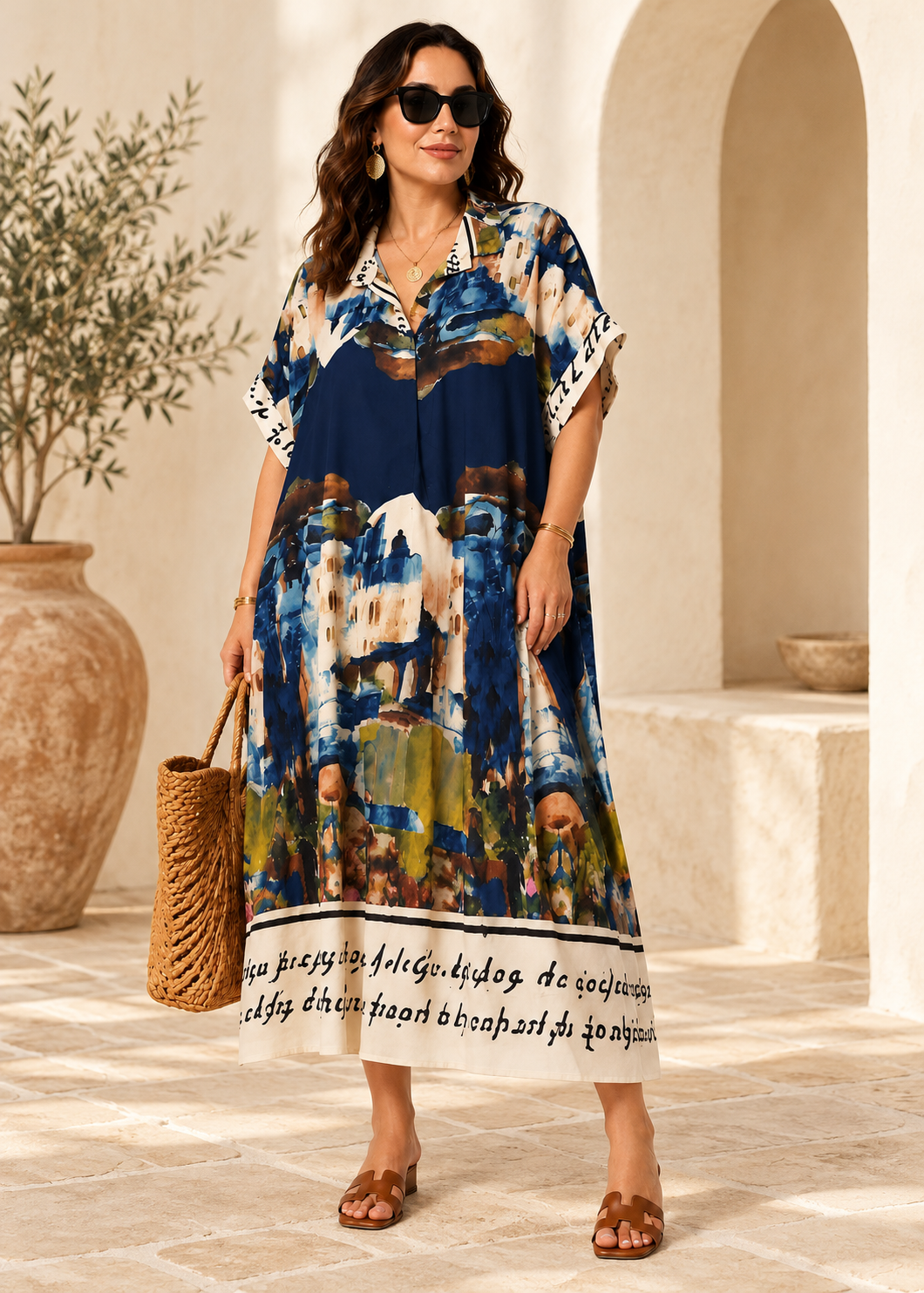 Artique watercolor landscape shirt dress in navy, loose viscose dress with cream printed borders on a model