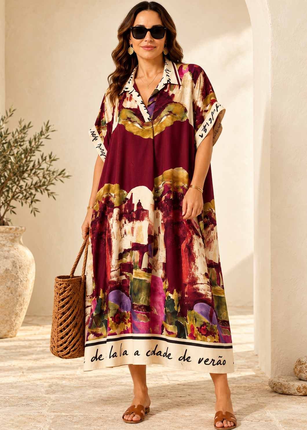 Artique watercolor landscape shirt dress in wine burgundy, oversized viscose silhouette on a model