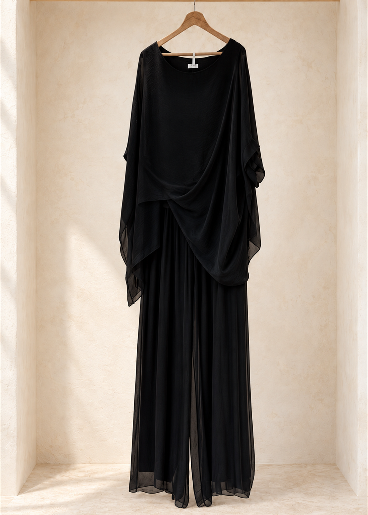 Bellagio Italian Silk Palazzo Set in black, draped top and matching wide-leg pants