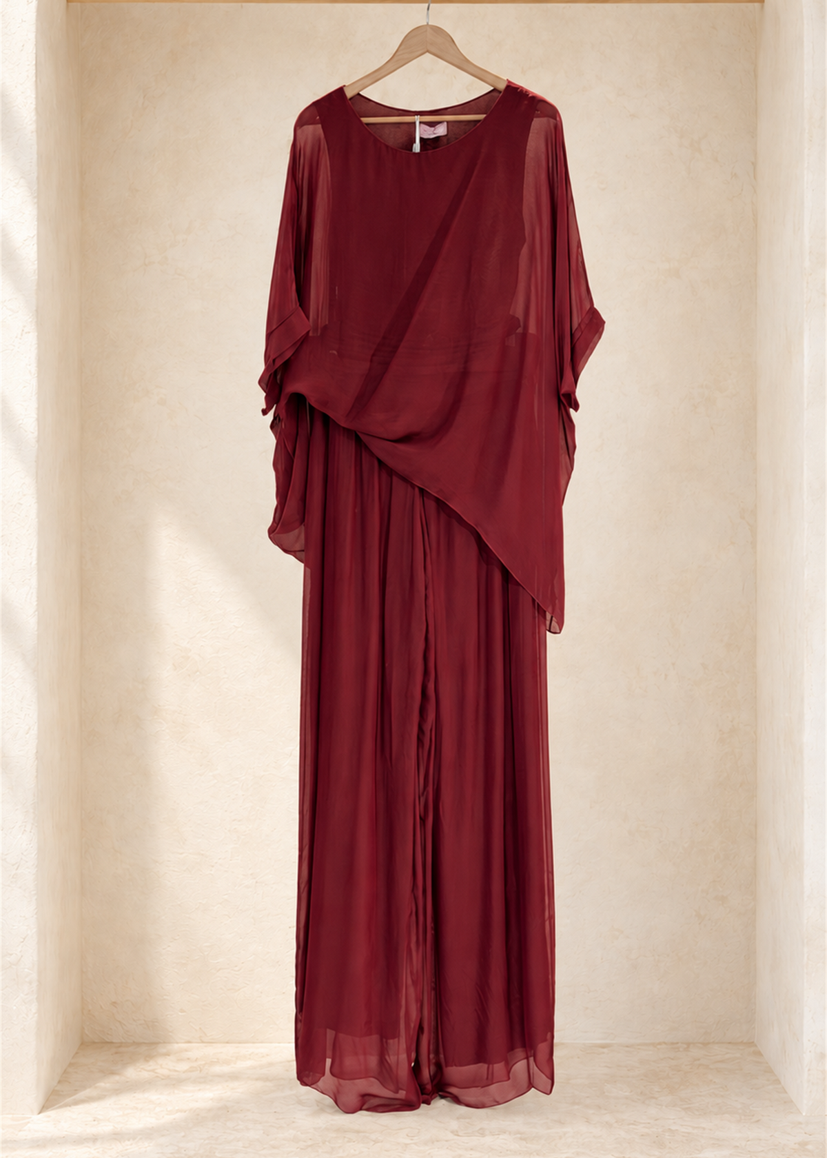 Bellagio Italian Silk Palazzo Set in burgundy, draped top and matching wide-leg pants