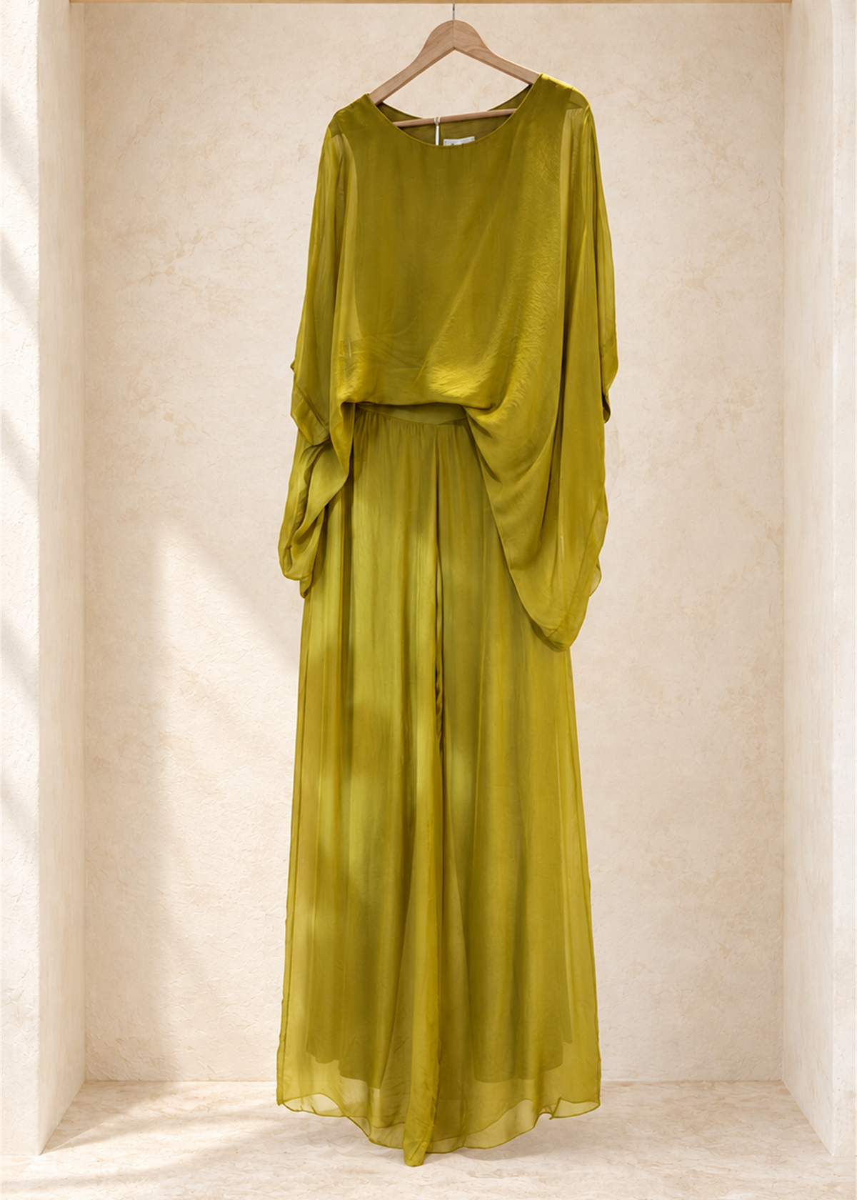 Bellagio Italian Silk Palazzo Set in olive, draped top and matching wide-leg pants