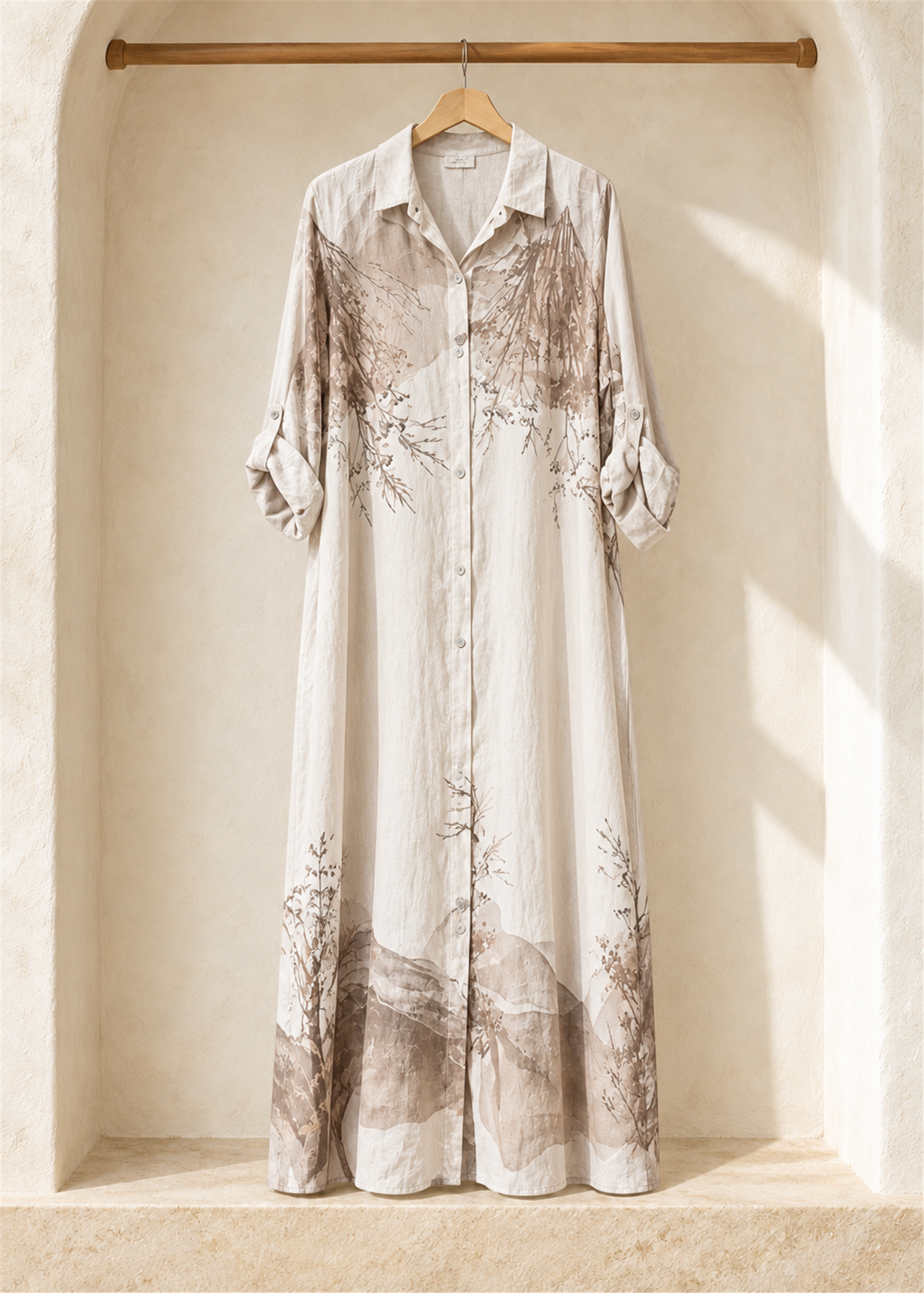 Botanica Printed Linen Maxi Shirt Dress in beige, button front and roll-tab sleeves
