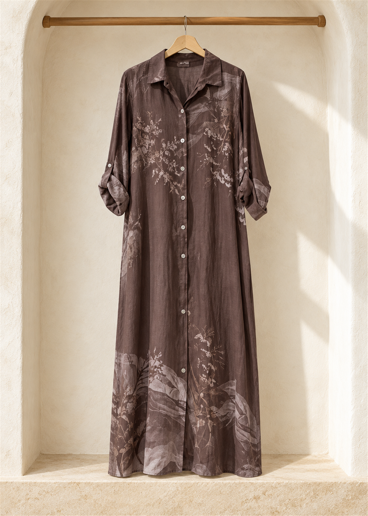 Botanica Printed Linen Maxi Shirt Dress in dark-brown, button front and roll-tab sleeves