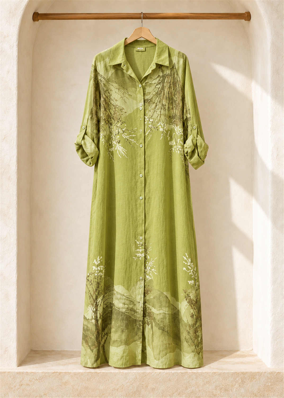 Botanica Printed Linen Maxi Shirt Dress in green, button front and roll-tab sleeves