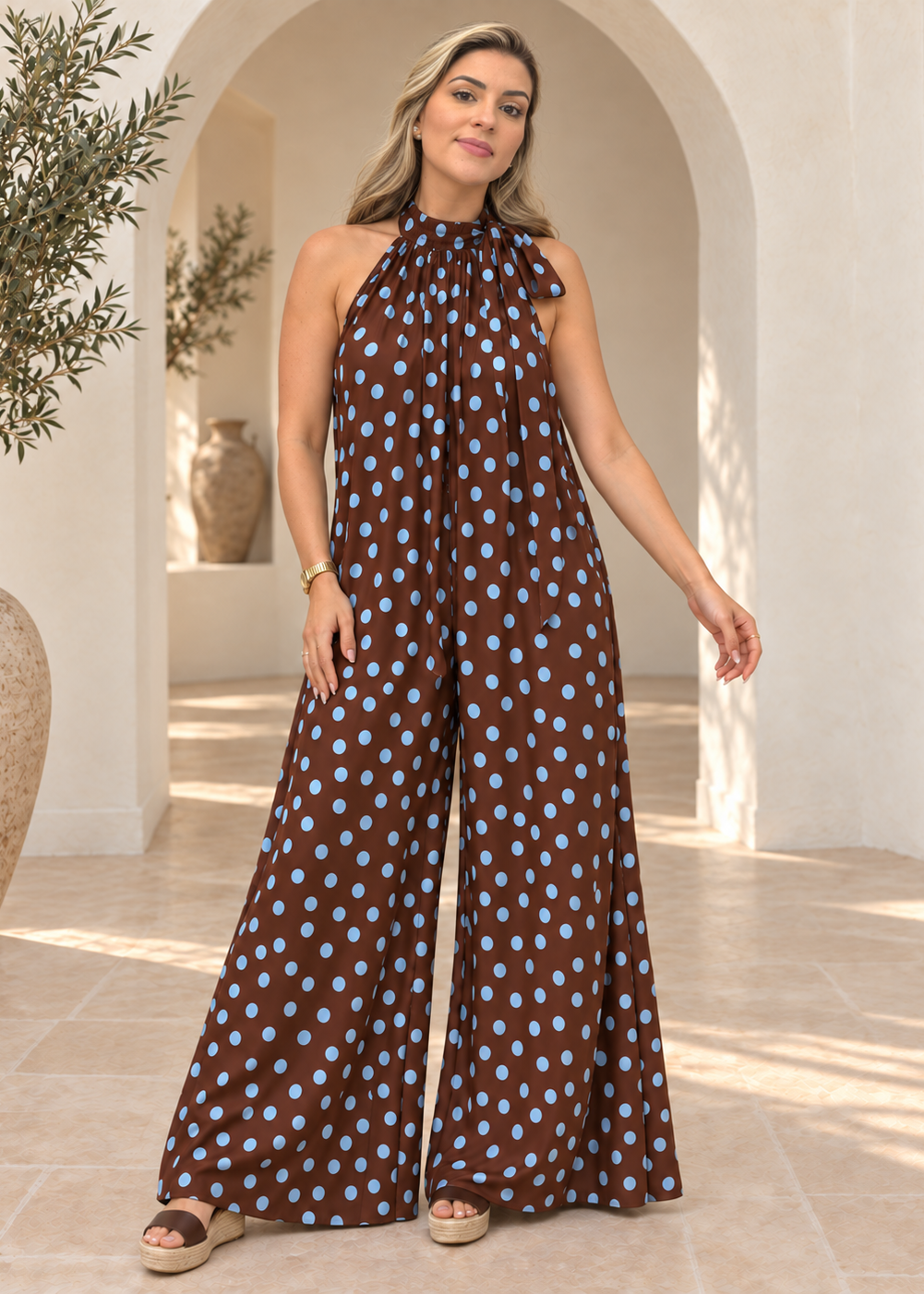 Modelo con La Dolce Vita Jumpsuit marrón de lunares azules, escote halter y pantalón palazzo