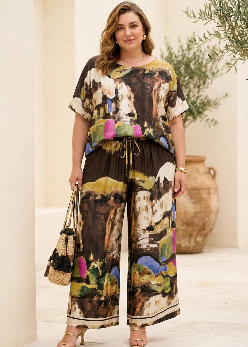 Dolcezza Artistic Palazzo Set — black artistic-print top and wide-leg pants on model