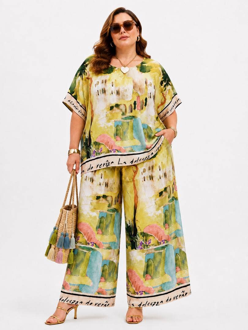 Dolcezza Artistic Palazzo Set — yellow artistic-print set on model
