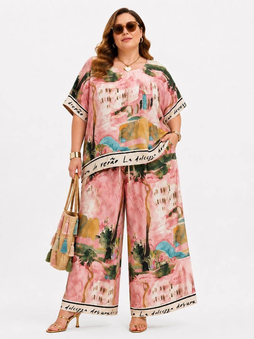 Dolcezza Artistic Palazzo Set — pink artistic-print set on model