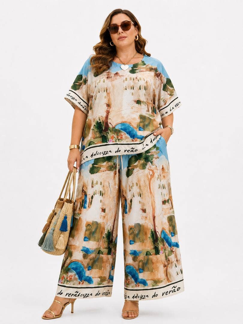 Dolcezza Artistic Palazzo Set — cream artistic-print set on model