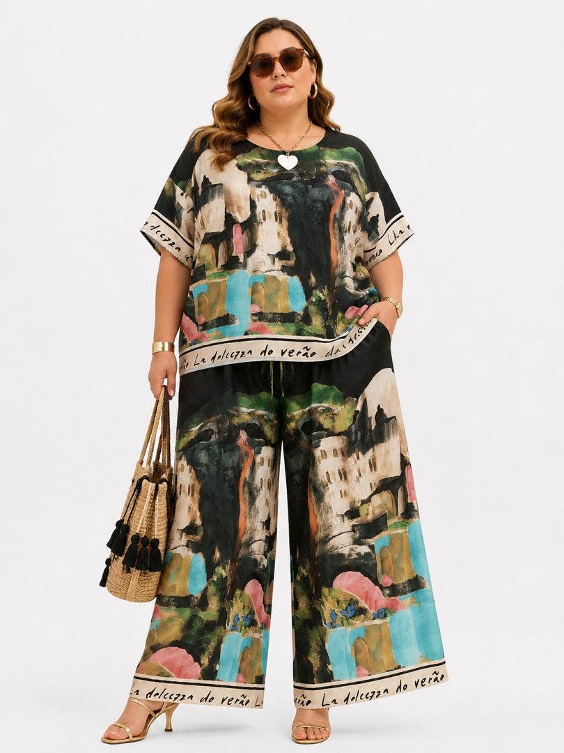 Dolcezza Artistic Palazzo Set — dark artistic-print set on model