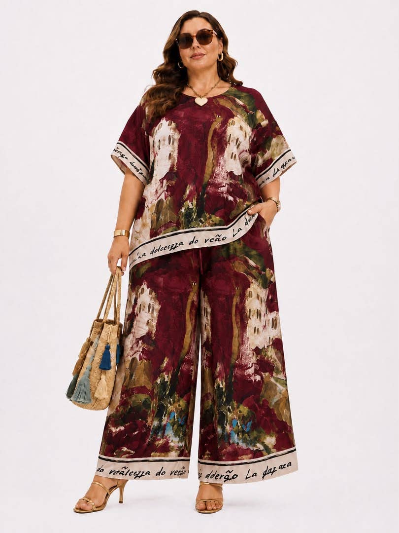 Dolcezza Artistic Palazzo Set — burgundy artistic-print set on model