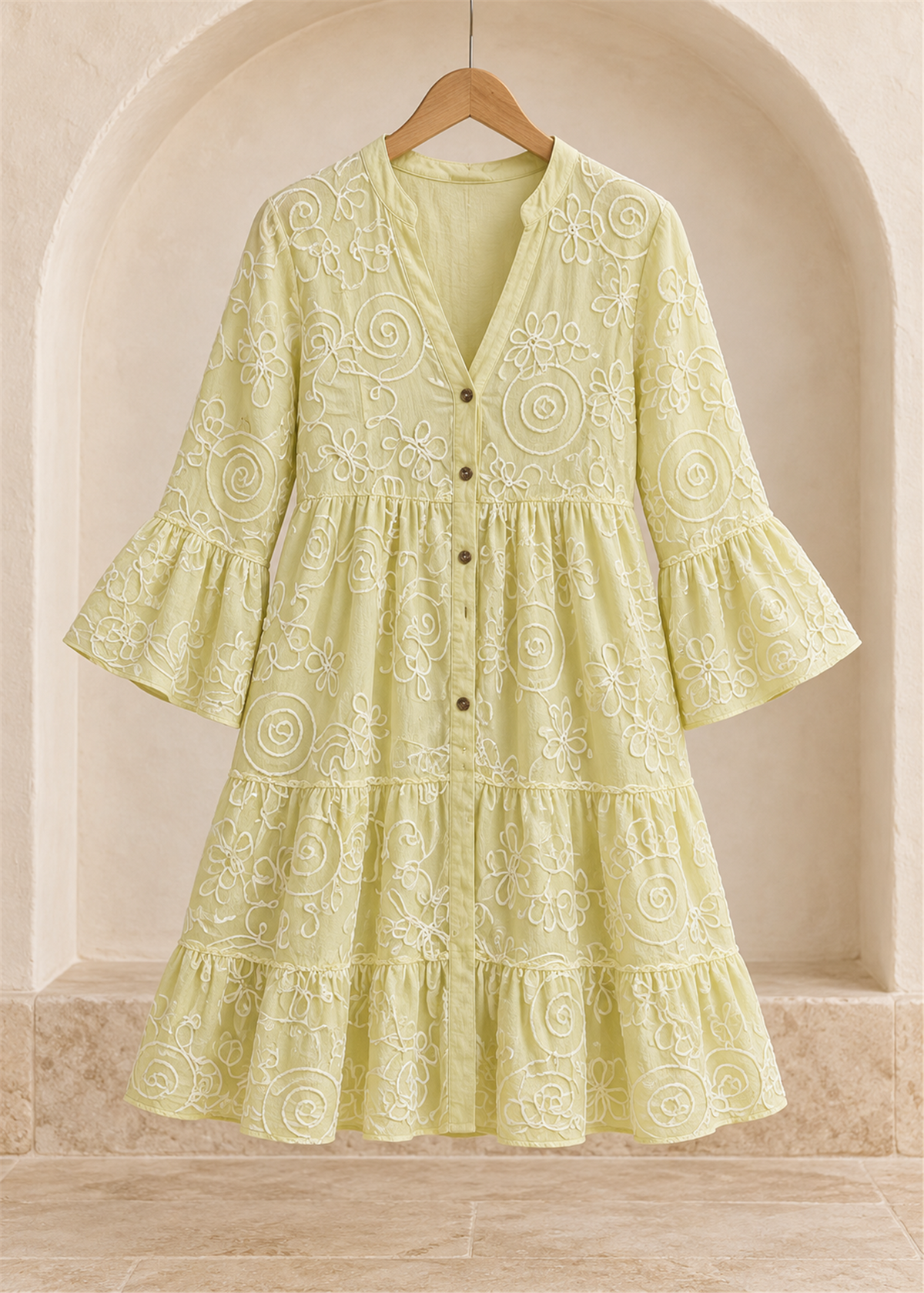 Fiorella Embroidered Cotton Dress in light-green, floral and spiral embroidery, button front and flared cuffs