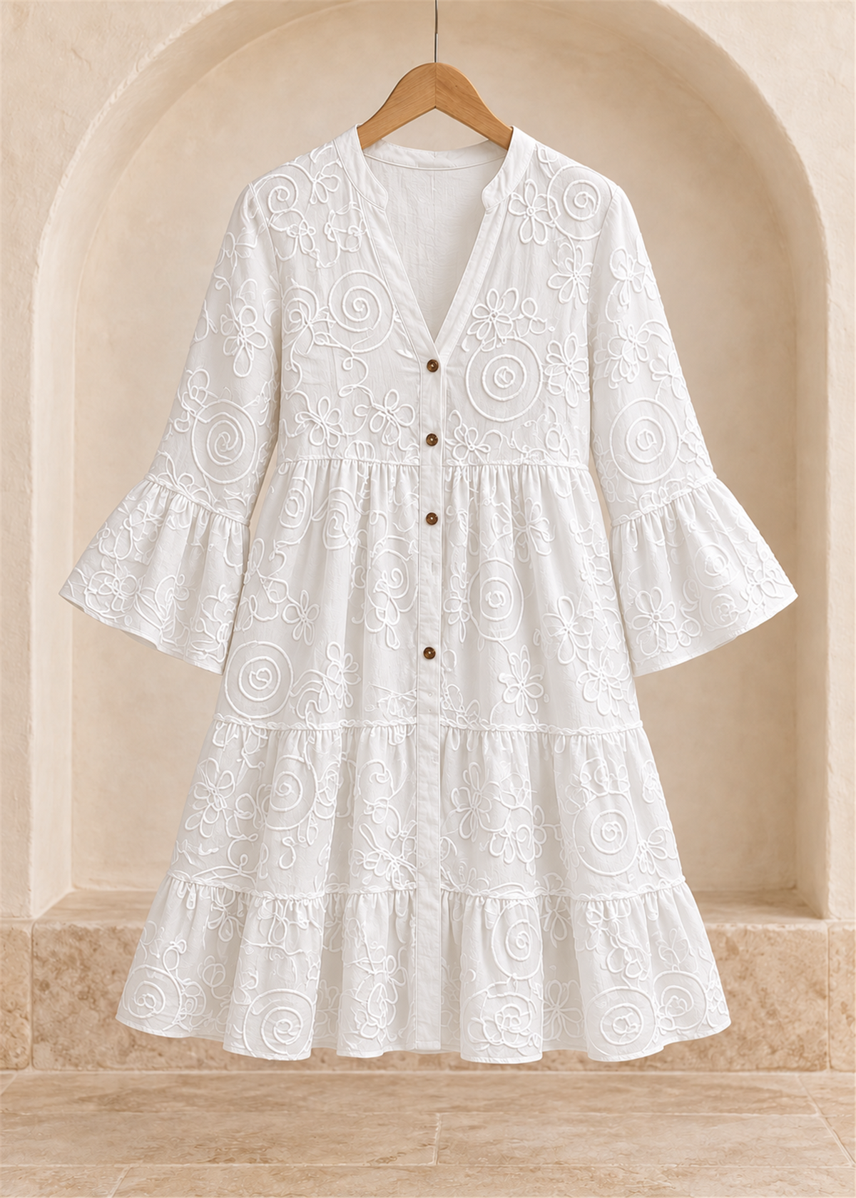 Fiorella Embroidered Cotton Dress in white, floral and spiral embroidery, button front and flared cuffs