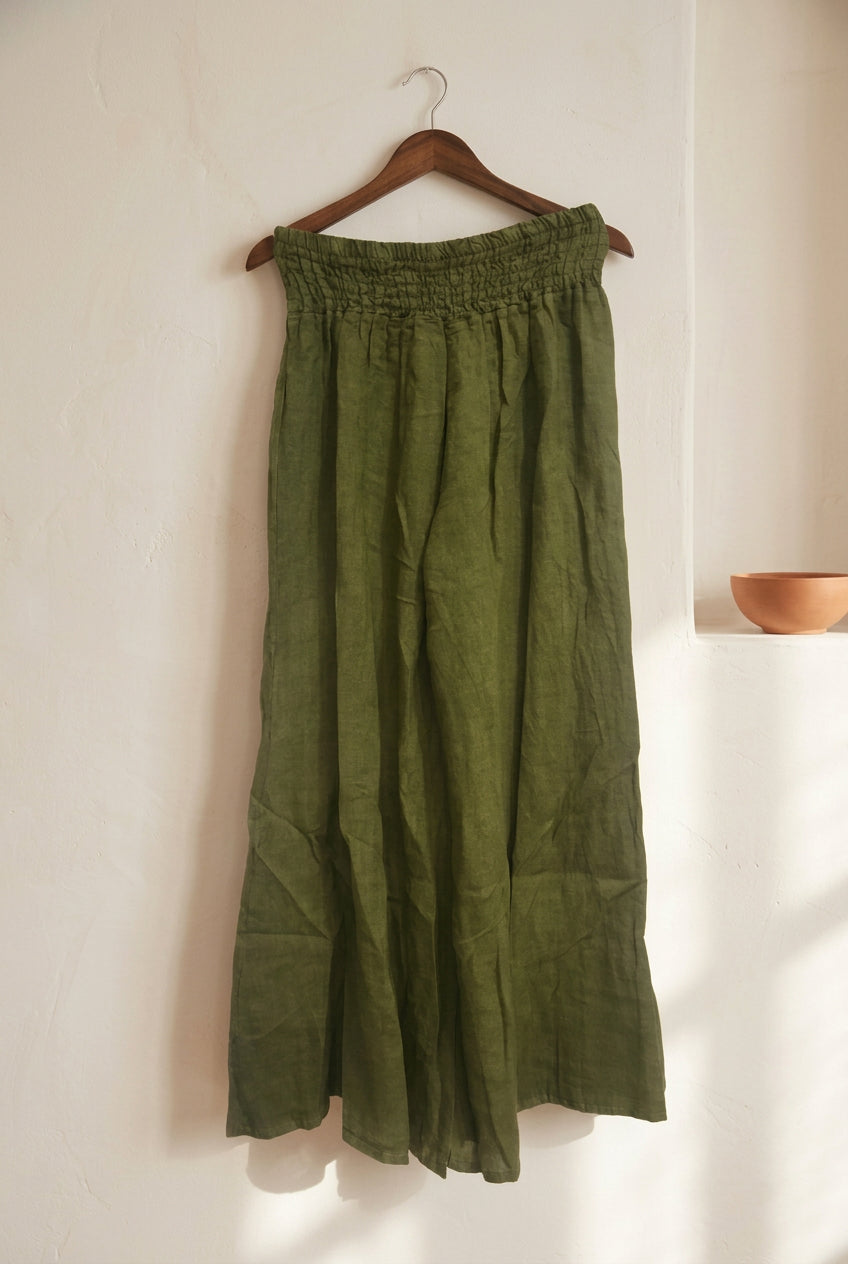 Italian 100% Linen Flared Pants — olive green flared pants displayed on hanger