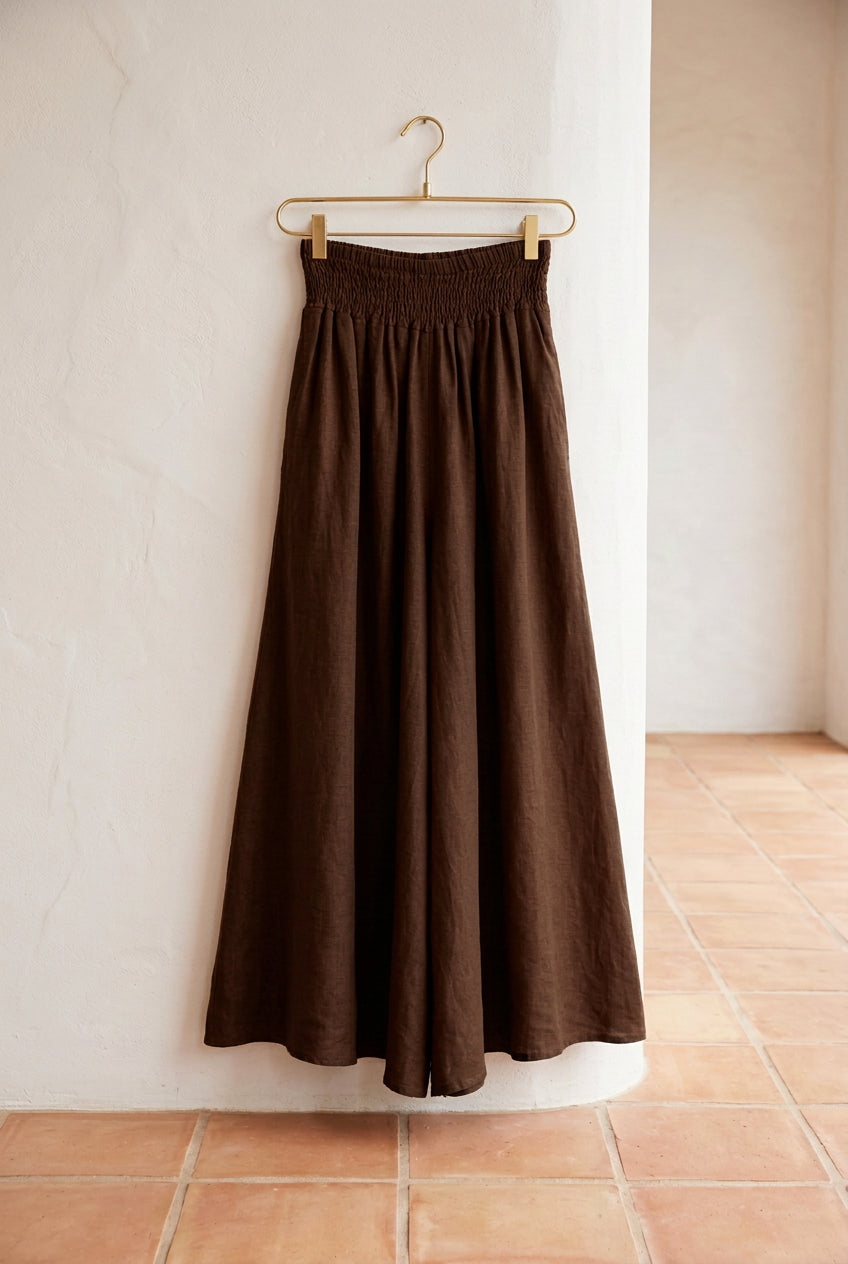 Italian 100% Linen Flared Pants — brown flared pants displayed on hanger