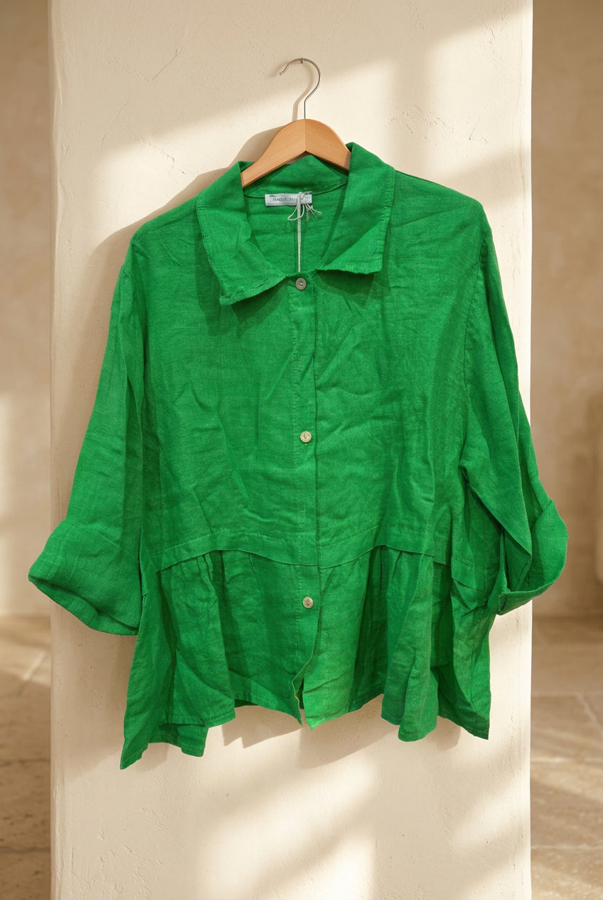Italian 100% Linen Peplum Button-Down Shirt — green button-down peplum shirt on hanger