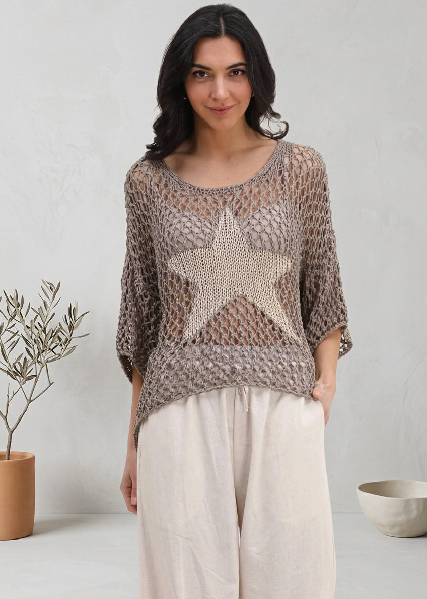 Italian Cotton Star Crochet Sweater — taupe openwork sweater with large star on model