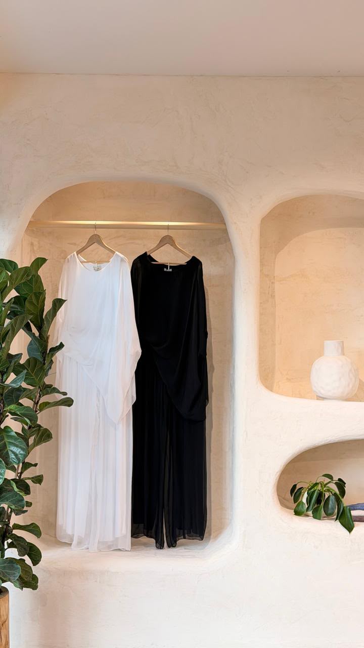 Italian Silk Two-Piece Set — white and black sets on hangers