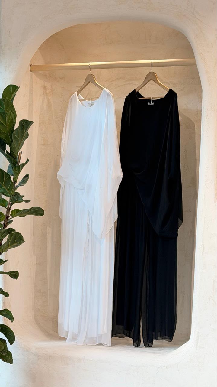 Italian Silk Two-Piece Set — white and black sets, closer view