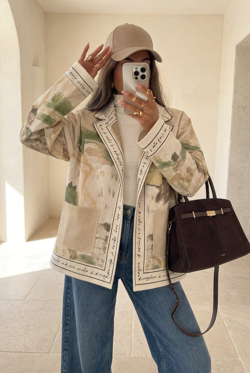 Italy Landscape Print Faux Suede Blazer — green landscape-print blazer shown in a mirror