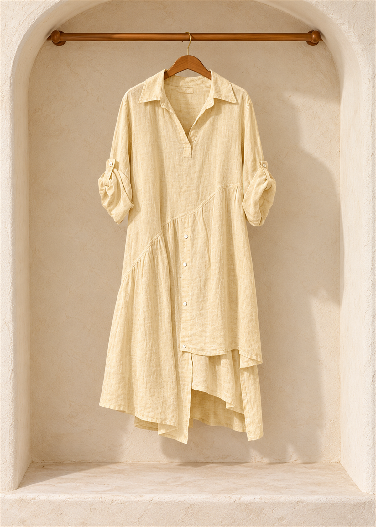 Lucca Asymmetric Linen Shirt Dress in Beige, collar, roll-tab sleeves and layered button-detail hem