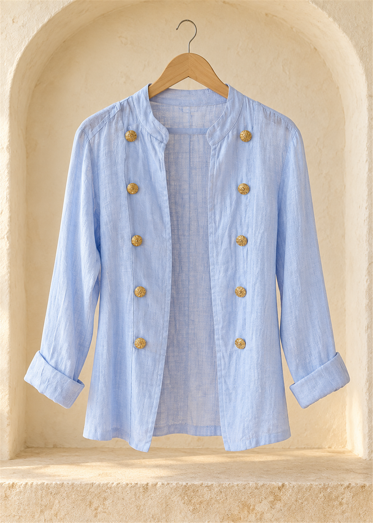 Milano Gold-Button Linen Jacket in Light Blue, stand collar and rolled cuffs