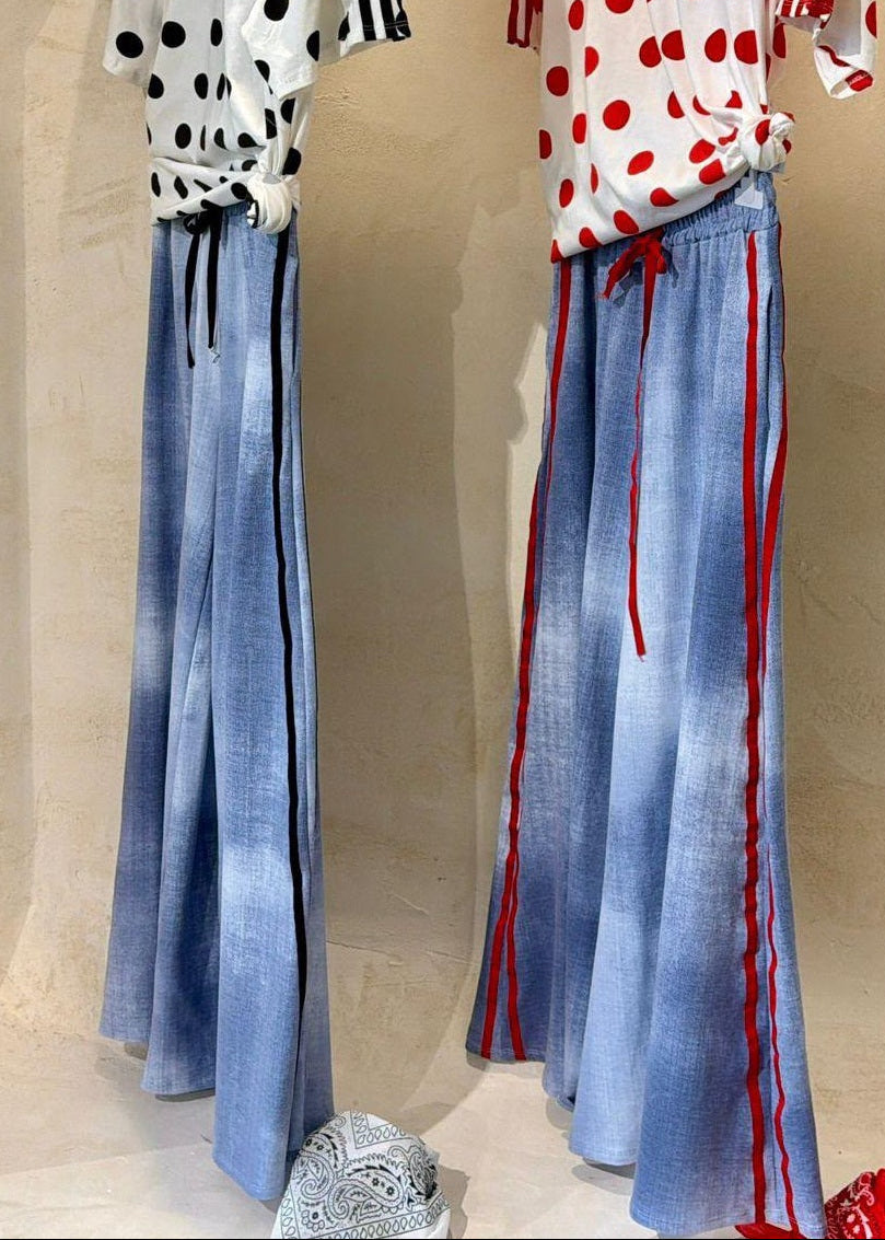 Portofino Wide-Leg Pants — blue wide-leg pants styled with polka-dot tops on hangers