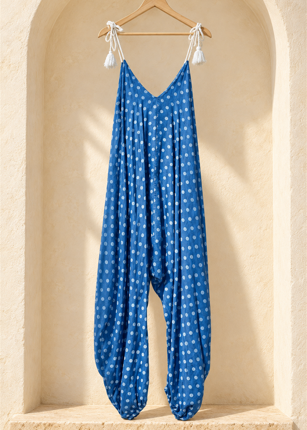 Positano Polka Dot Lyocell Jumpsuit in blue with rope shoulder ties, tassels and gathered ankles