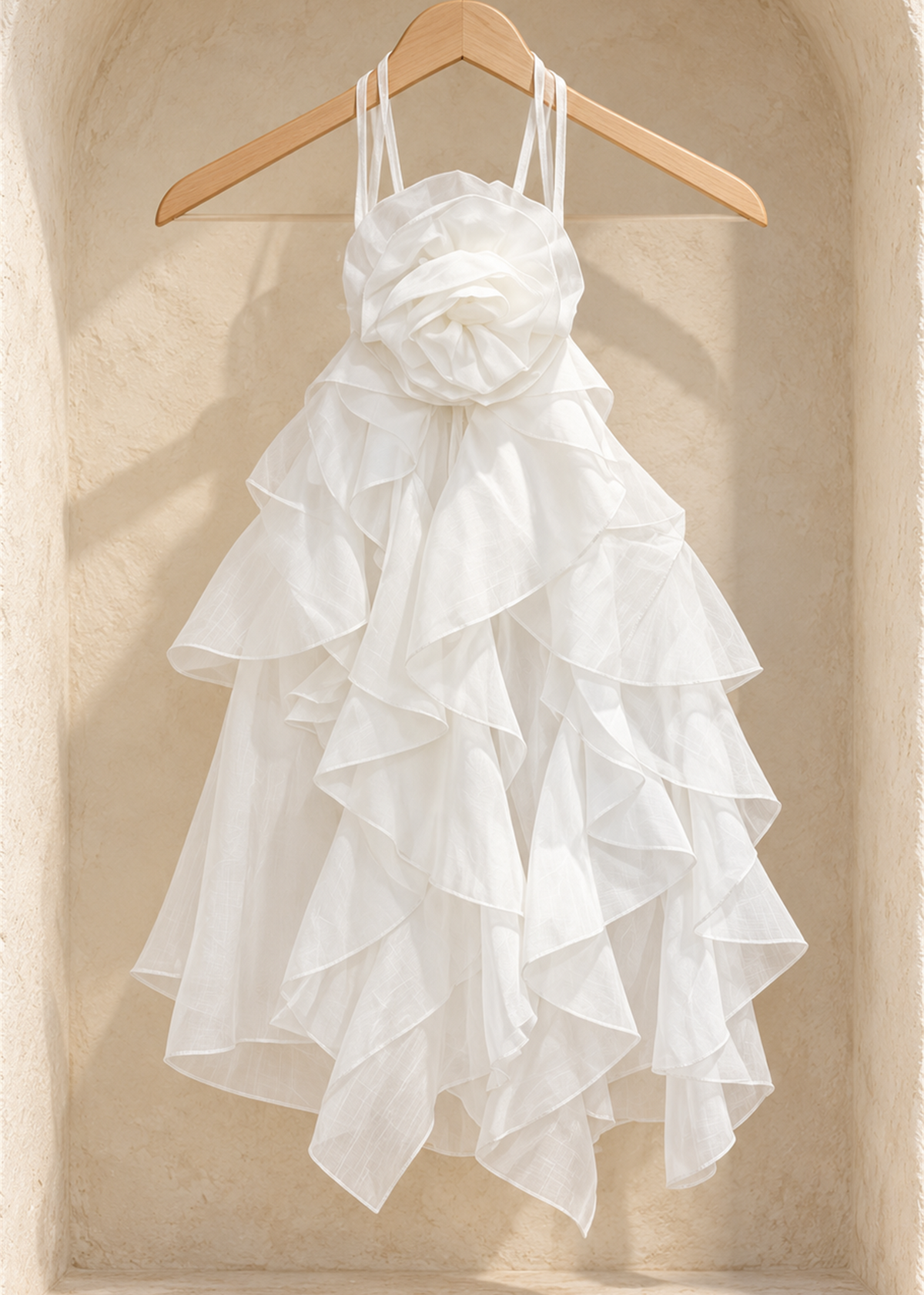 Rosa Rosette Ruffle Top in White with thin straps and cascading ruffles