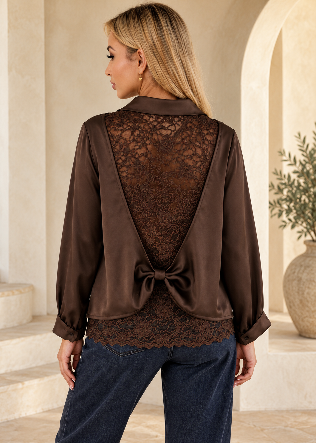 Italian satin-effect oversized shirt in brown, back view showing floral lace and satin bow