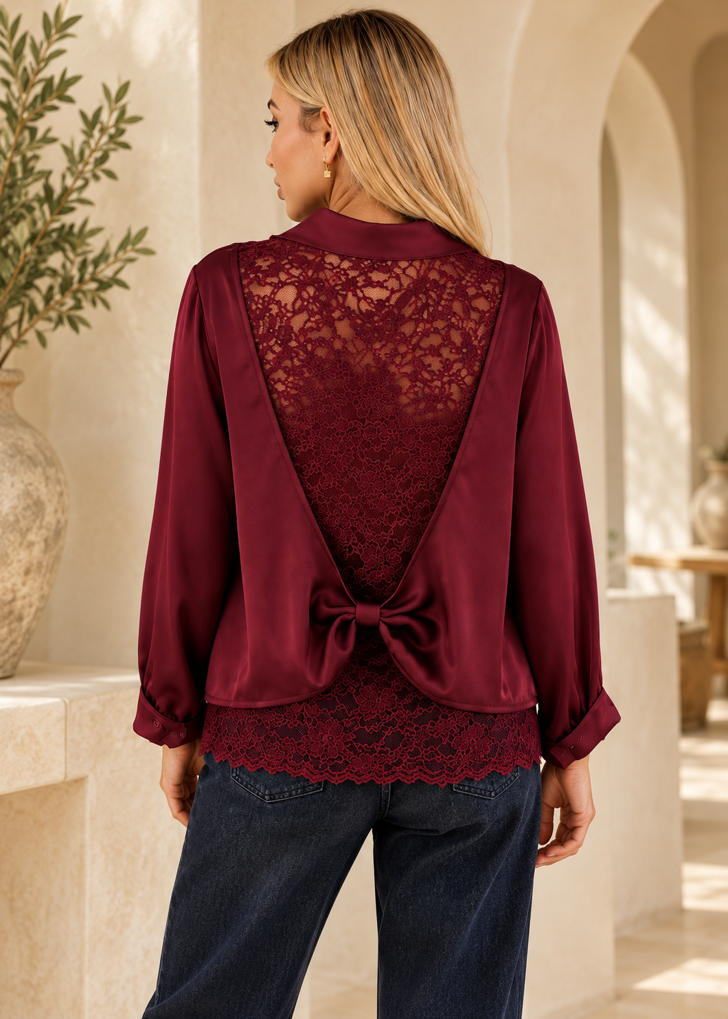 Italian satin-effect oversized shirt in burgundy, back view showing floral lace and satin bow