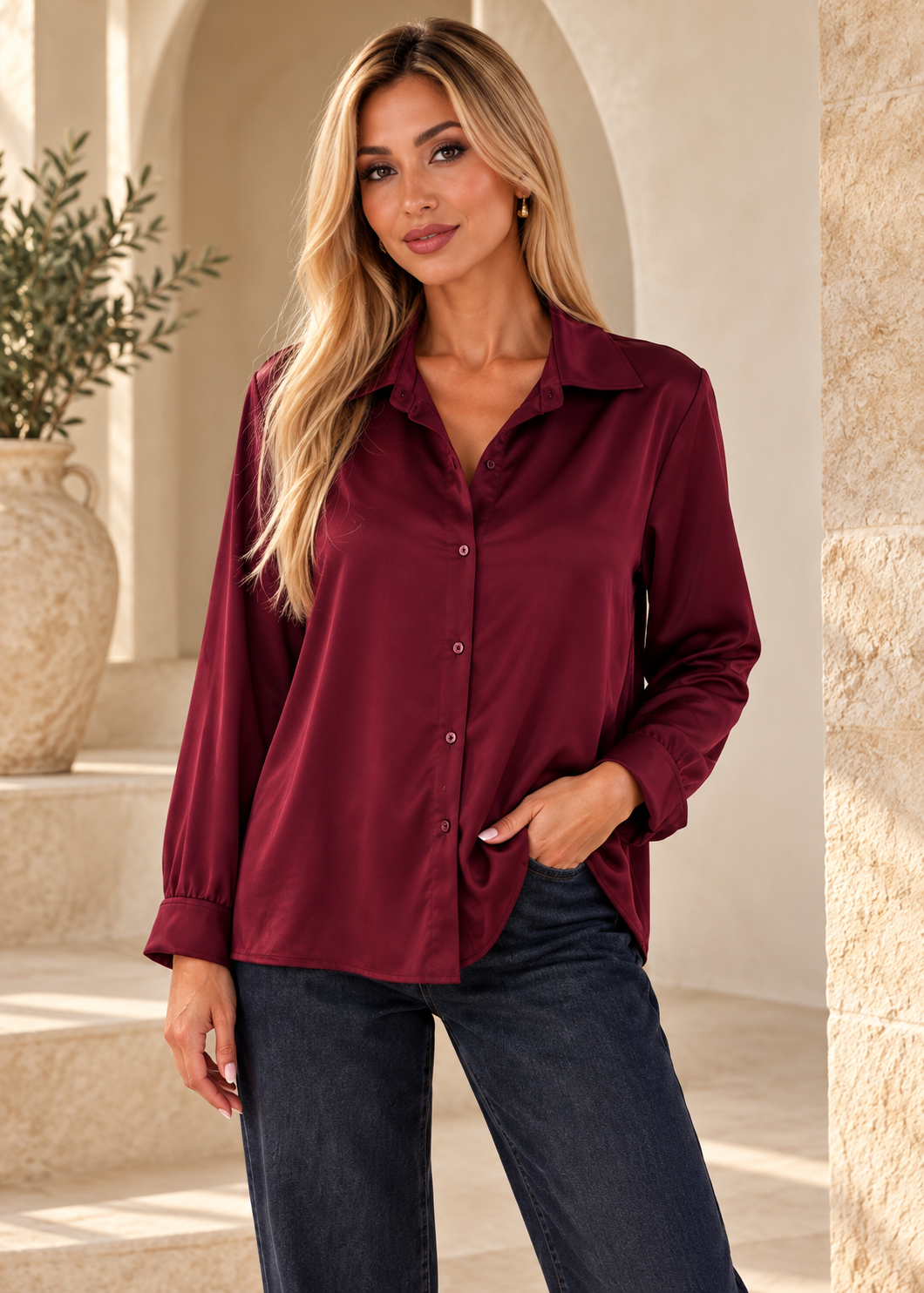 Italian satin-effect oversized shirt in burgundy, front view with collar and buttons
