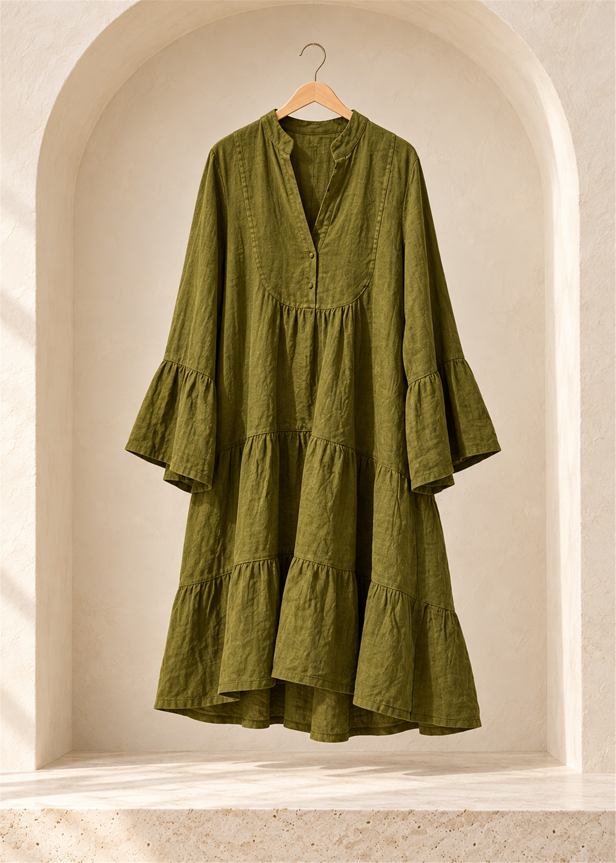Siena Tiered Linen Dress in green, flared ruffle cuffs and gathered tiered skirt