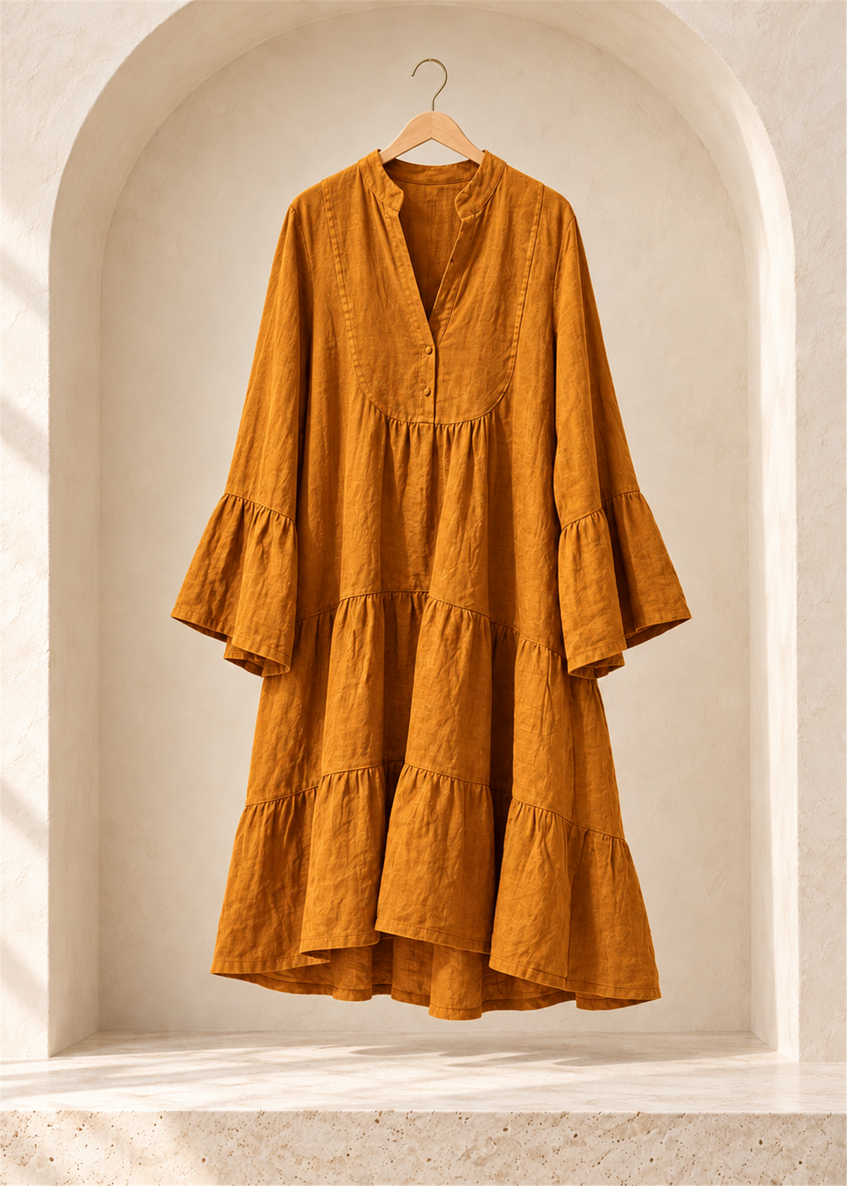 Siena Tiered Linen Dress in terracotta, flared ruffle cuffs and gathered tiered skirt